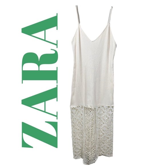ZARA OPEN KNIT CROCHET MIDI SLIP DRESS IVORY COASTAL RESORT BOHO MINIMALIST, L - Picture 12 of 15